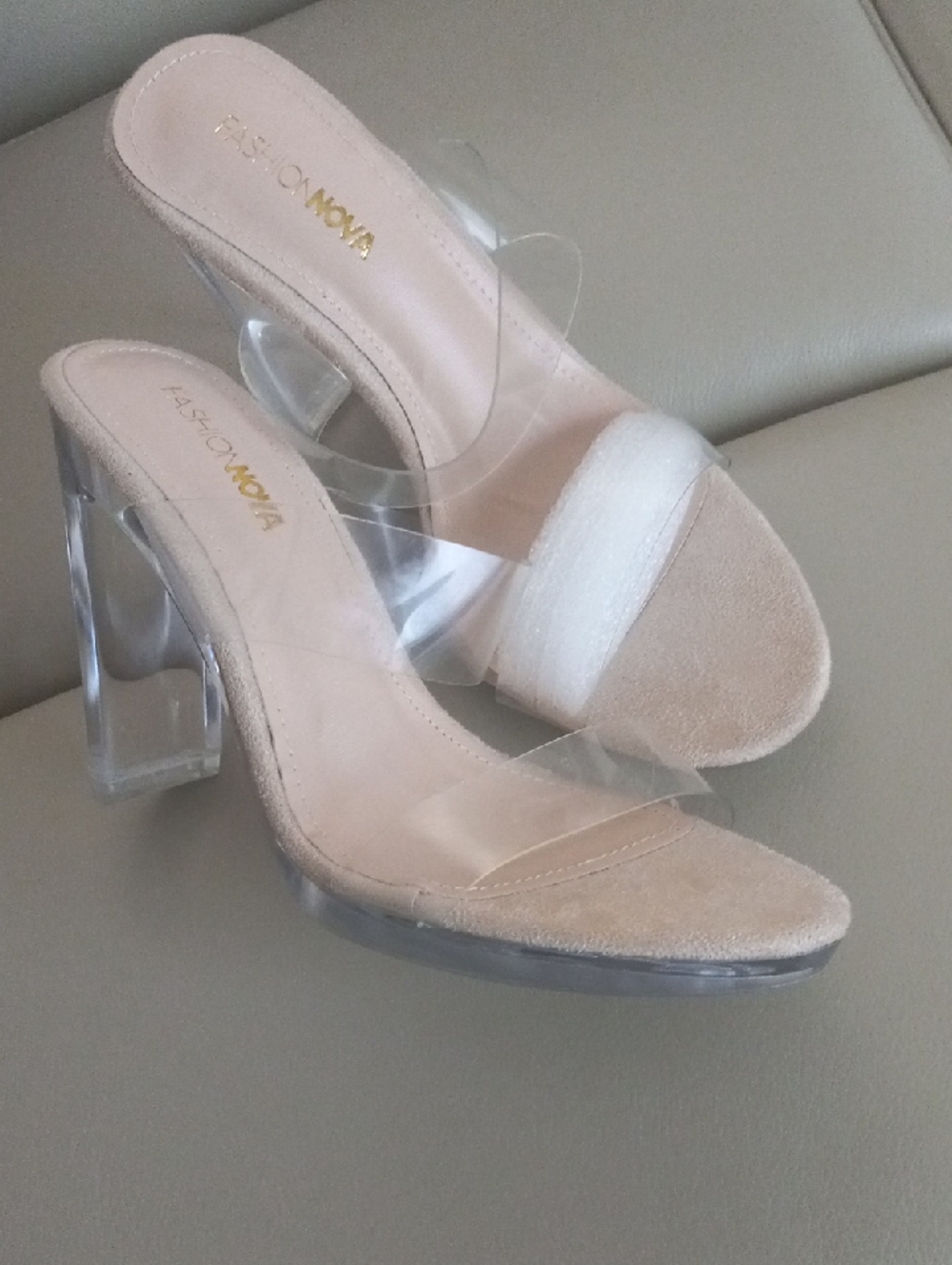 Fashion Nova Clear-Strap Beige Block Heel Sandals Size 7.5